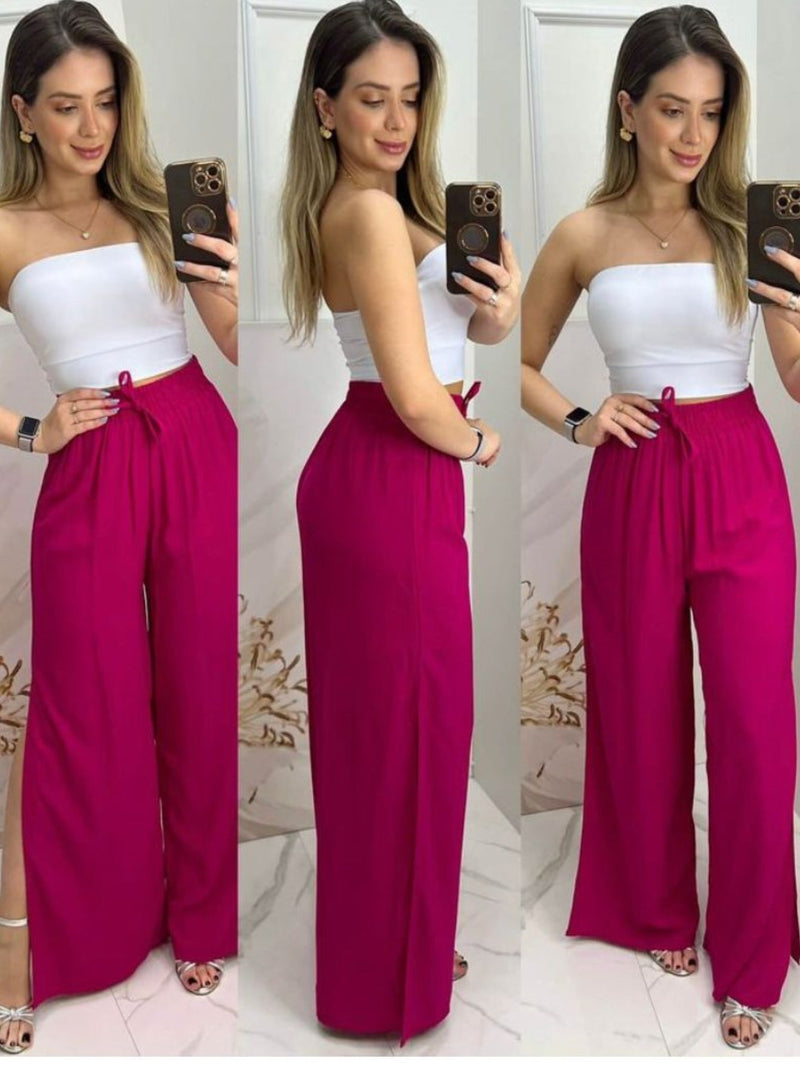 Calça Pantalona Feminina com Fenda e Cintura com Cordão - Casual e Forrada