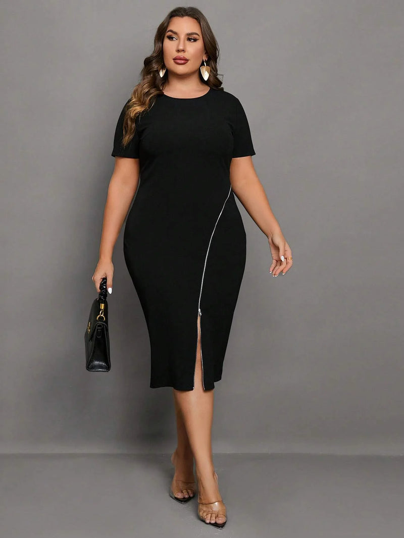 Vestido Bodycon Plus Size com Zíper Frontal - Elegância e Estilo Slim Fit