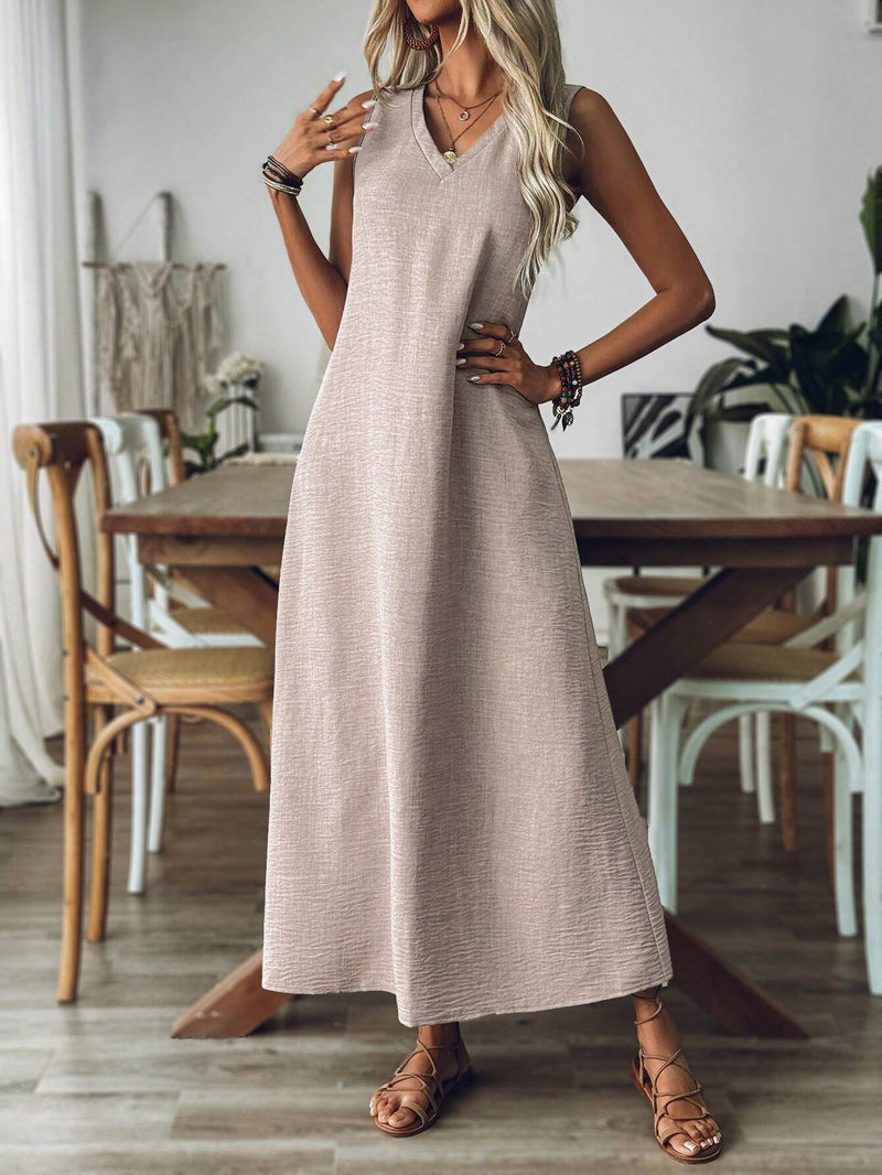 Vestido Longo de Linho Feminino com Decote V e Sem Mangas - Casual para o Verão