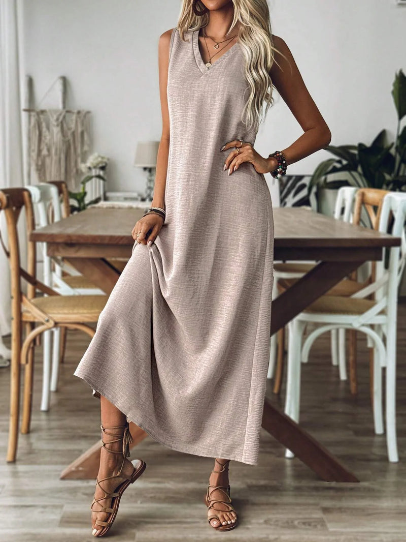 Vestido Longo de Linho Feminino com Decote V e Sem Mangas - Casual para o Verão