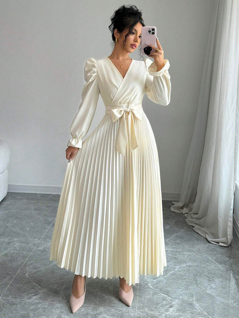 Vestido Branco Longo Elegante com Mangas Bufantes, Decote V e Amarração - Outono para Mulheres