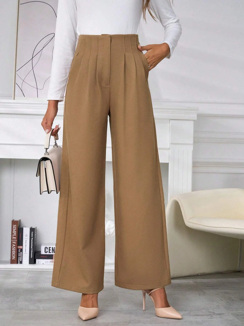 Calça Pantalona Casual de Cintura Alta Caqui com Perna Reta