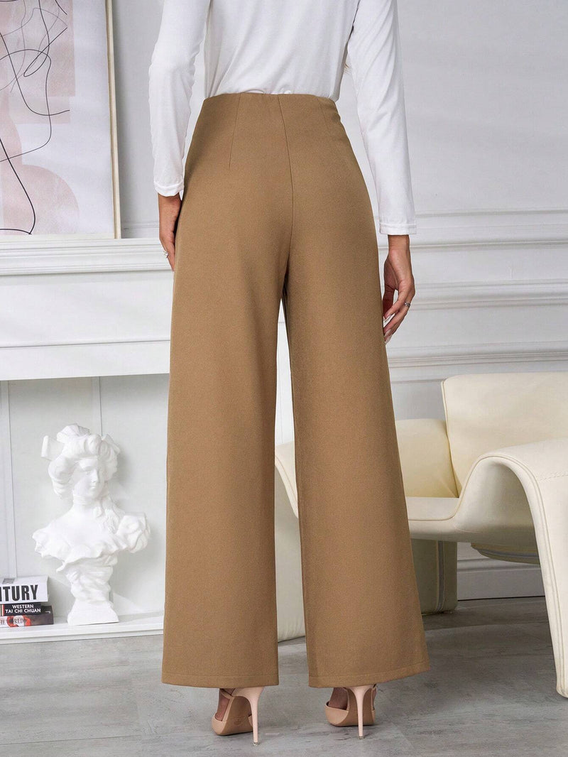 Calça Pantalona Casual de Cintura Alta Caqui com Perna Reta