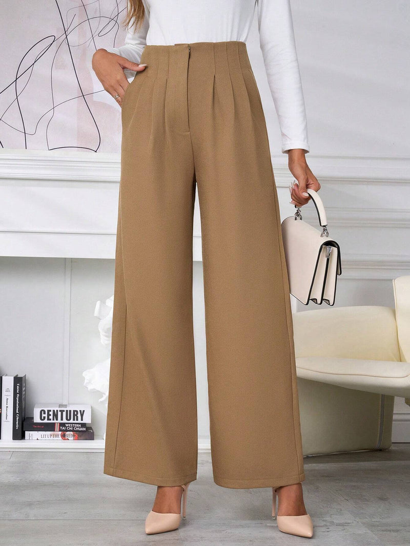 Calça Pantalona Casual de Cintura Alta Caqui com Perna Reta