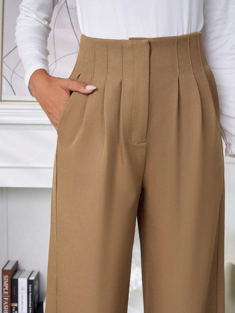 Calça Pantalona Casual de Cintura Alta Caqui com Perna Reta