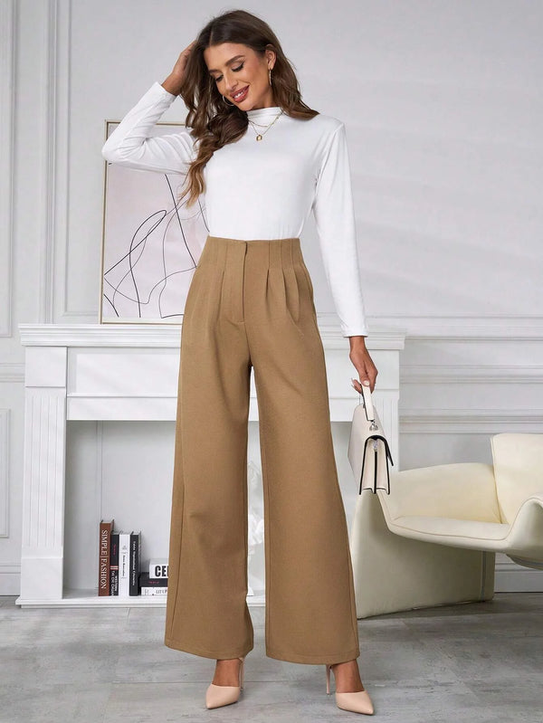 Calça Pantalona Casual de Cintura Alta Caqui com Perna Reta