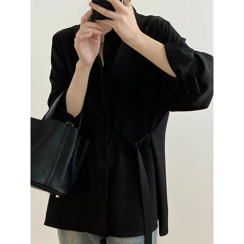 Camisa Feminina Social Oversized Pregado C/ Cinto Latera