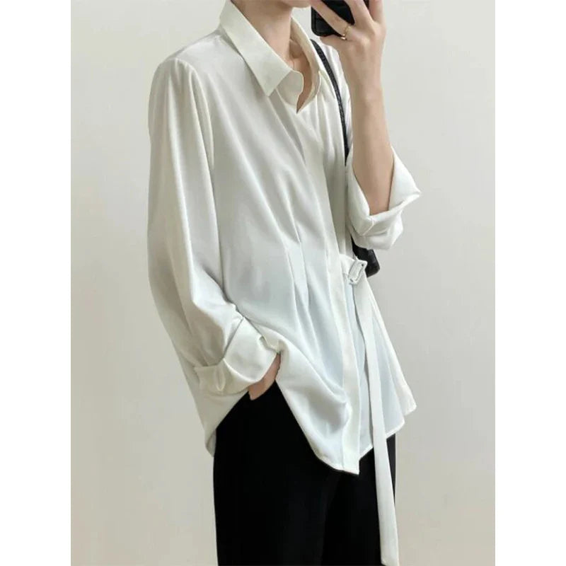 Camisa Feminina Social Oversized Pregado C/ Cinto Latera